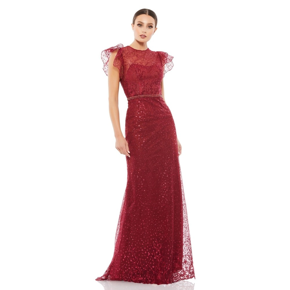 Mac Duggal 12465 Deep Red Beaded‎ Lace Cap Sleeve Evening Gown Size 14 NWT